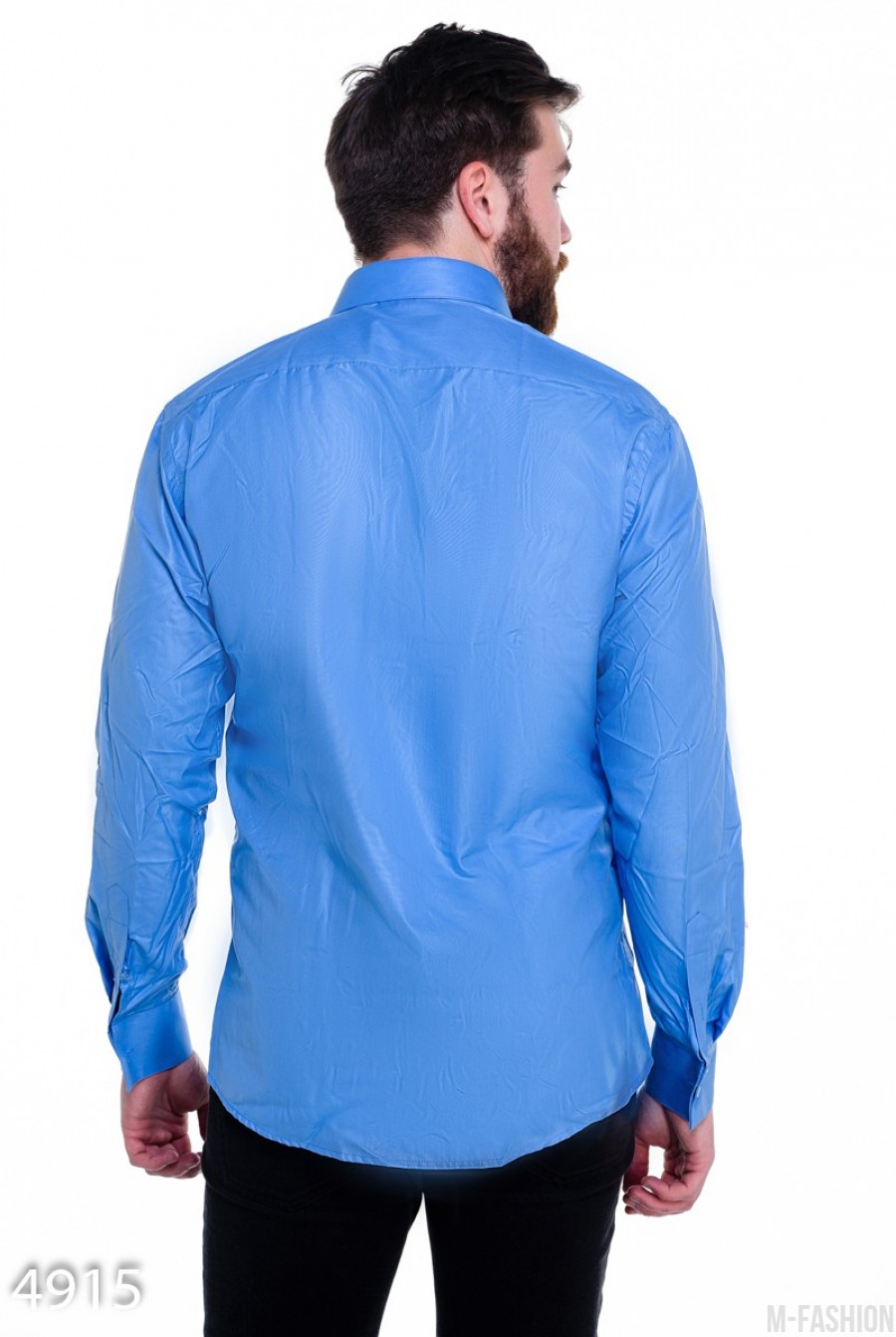 Голубая мужская рубашка из полированного хлопка- Фото 5