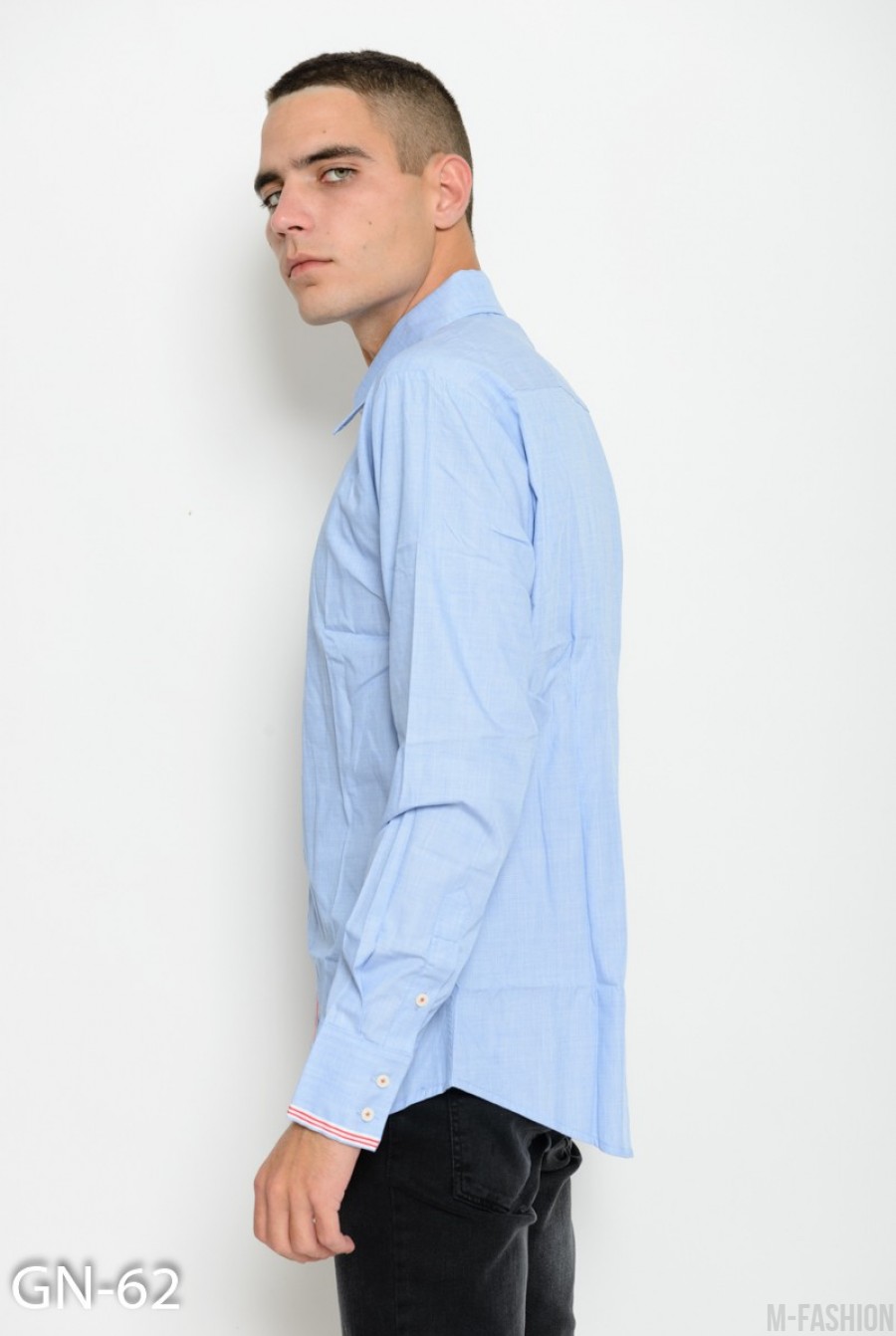 Голубая рубашка с длинными рукавами из тонкого коттона с полосатой тесьмой- Фото 2