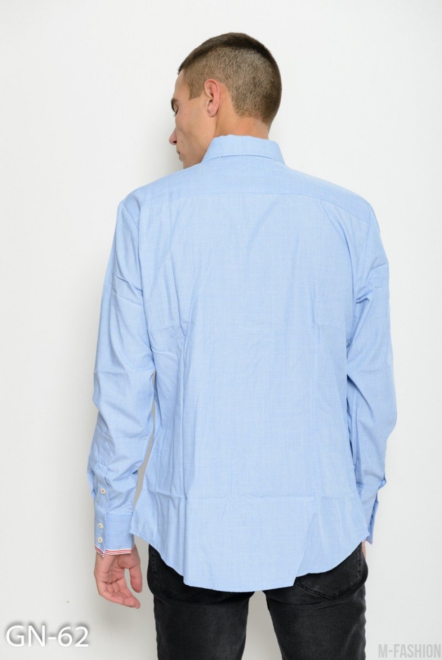Голубая рубашка с длинными рукавами из тонкого коттона с полосатой тесьмой- Фото 3