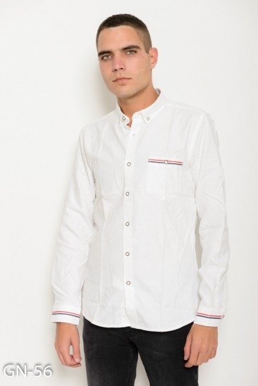 Белая коттоновая рубашка с длинными рукавами и полосатым лаконичным декором