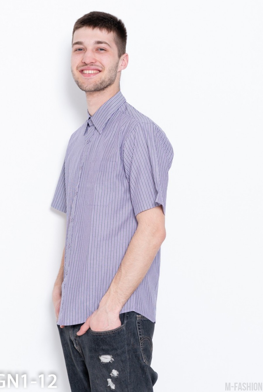 Сиреневая полосатая рубашка с короткими рукавами- Фото 3