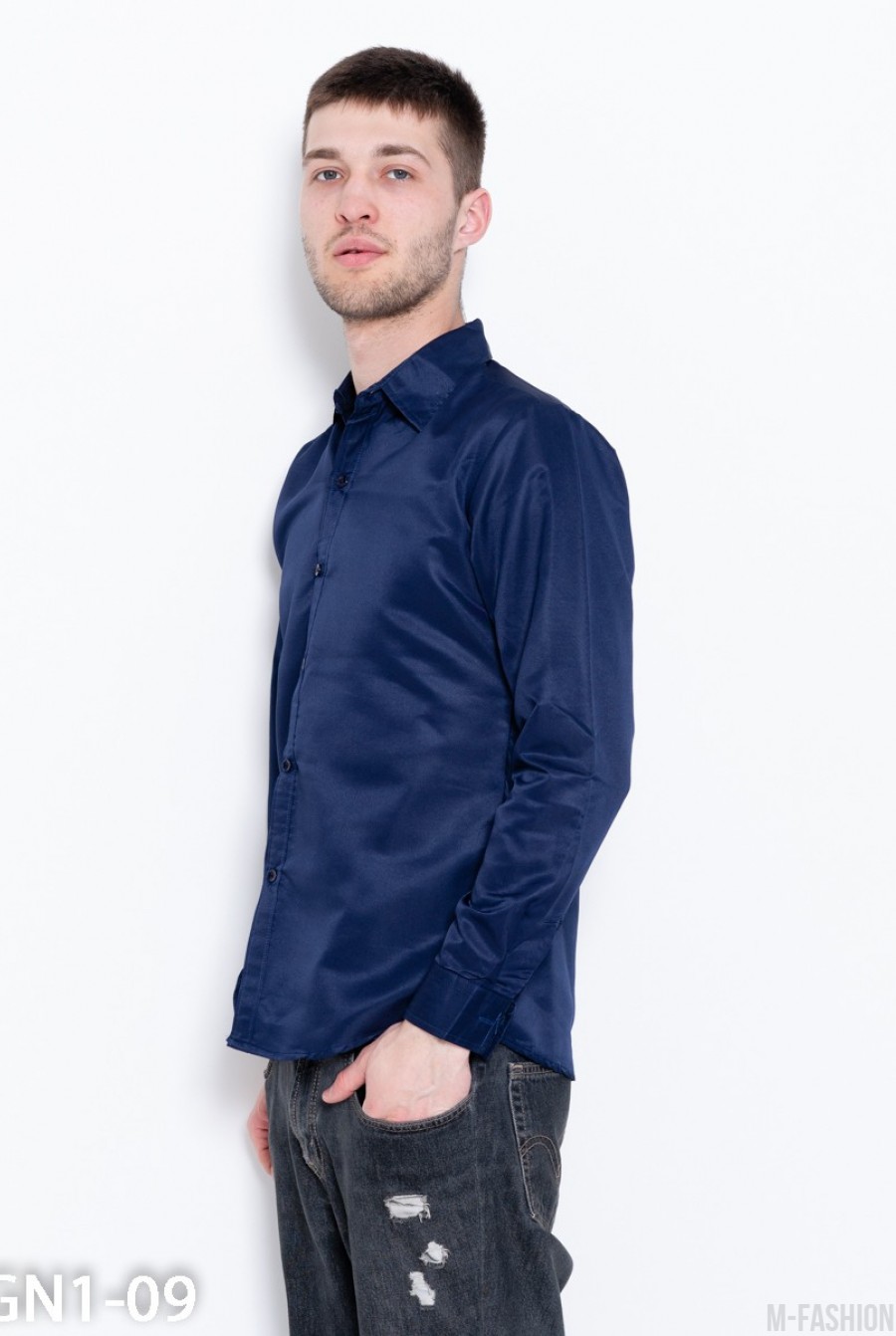 Темно-синяя классическая рубашка с длинными рукавами- Фото 3
