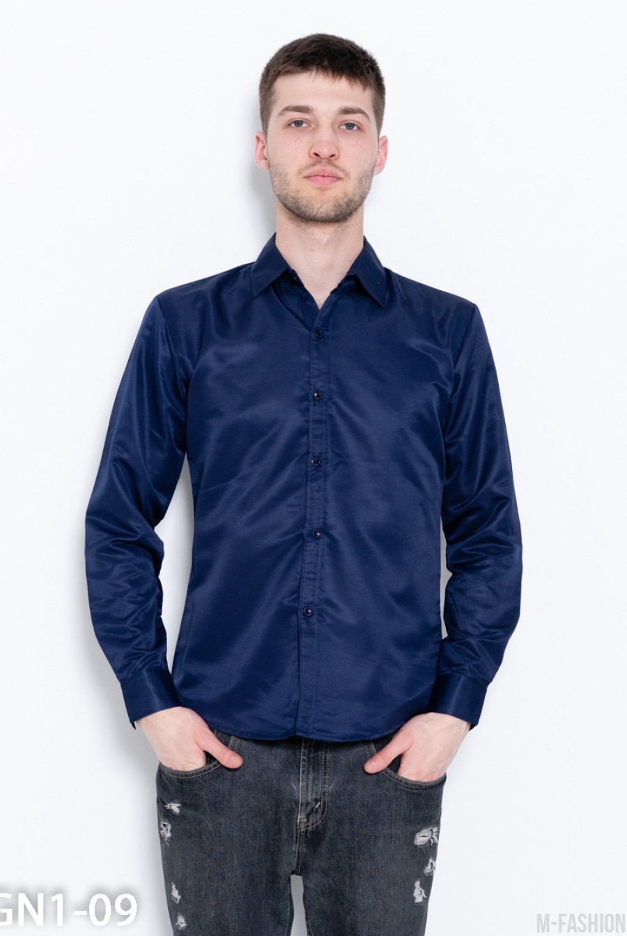 Темно-синяя классическая рубашка с длинными рукавами - Фото 1