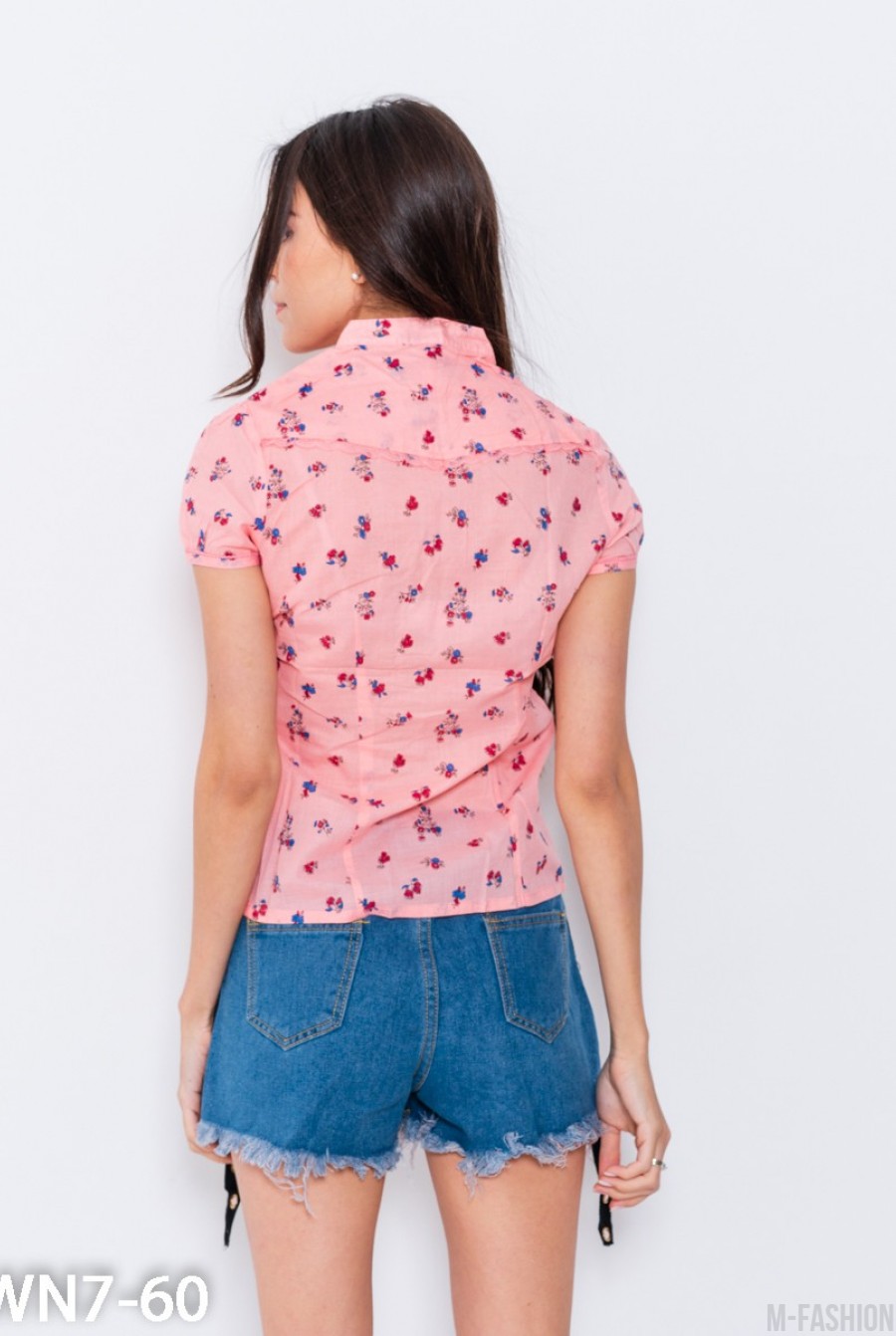 Персиковая принтованная коттоновая рубашка с кружевом- Фото 5