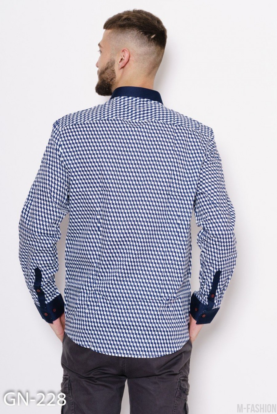 Сине-белая принтованная классическая рубашка с длинными рукавами- Фото 3