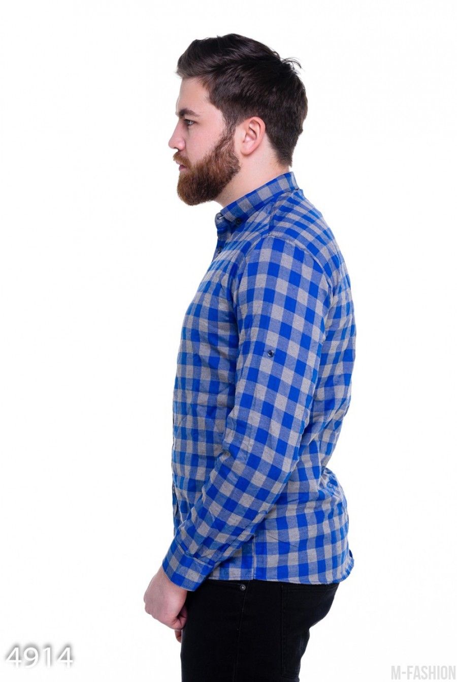 Ярко-синяя мужская рубашка в крупную клетку Виши- Фото 3