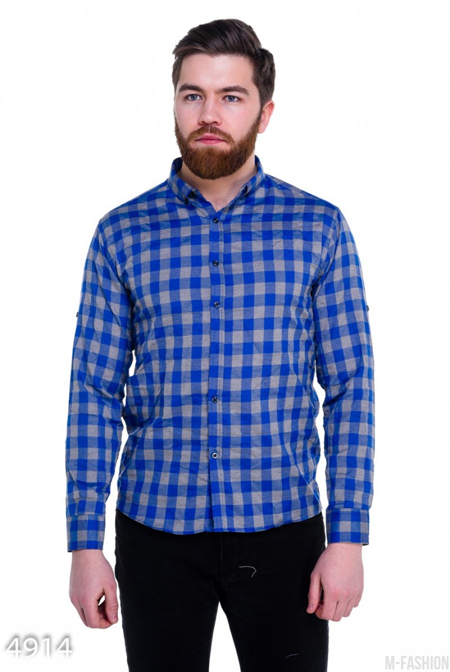 Ярко-синяя мужская рубашка в крупную клетку Виши - Фото 1