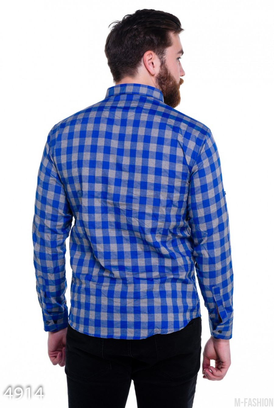 Ярко-синяя мужская рубашка в крупную клетку Виши- Фото 5