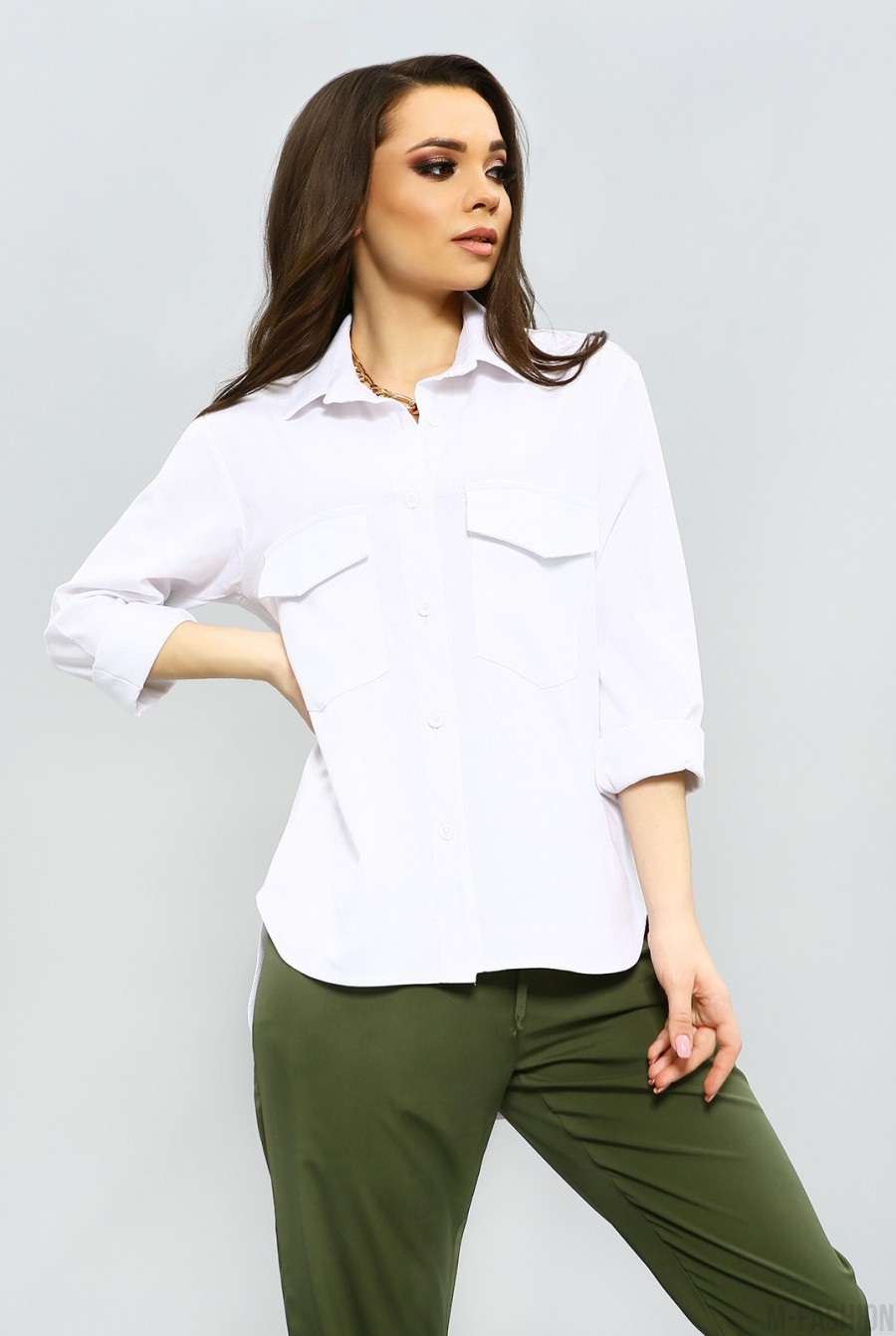 Белая льняная рубашка с удлиненной спинкой - Фото 1