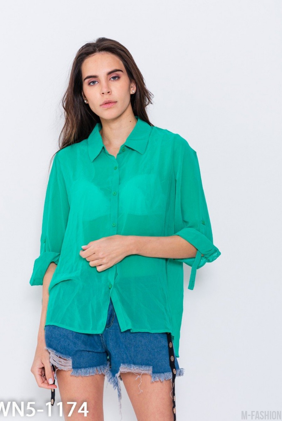 Зеленая шифоновая рубашка с хлястиками на рукавах - Фото 1