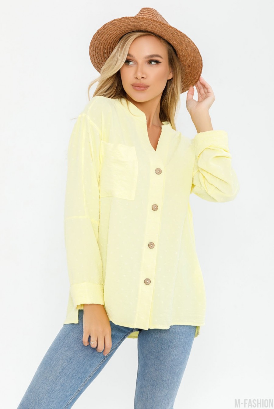 Желтая фактурная рубашка с карманом - Фото 1