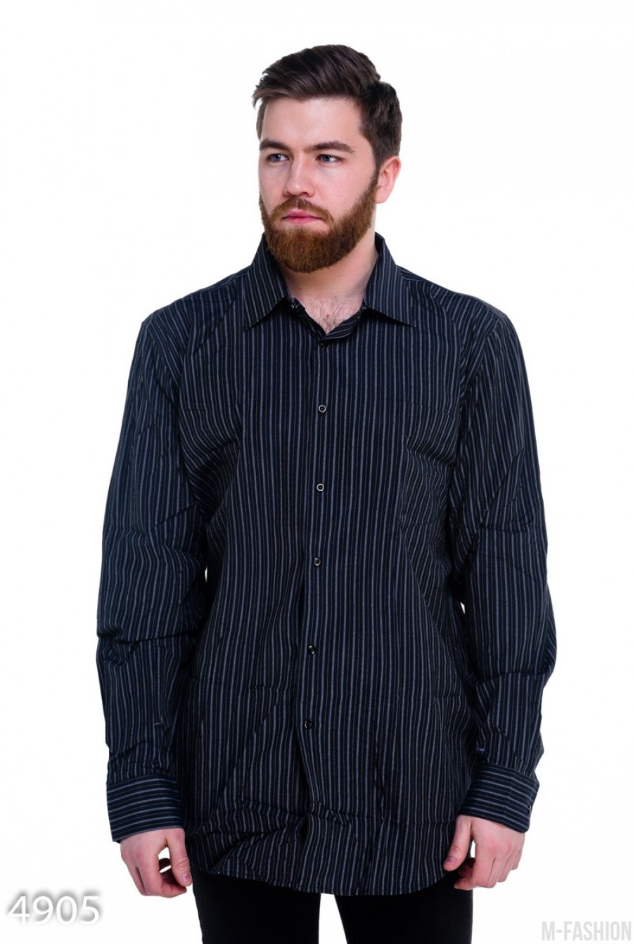 Черная мужская рубашка в тонкую вертикальную полоску - Фото 1