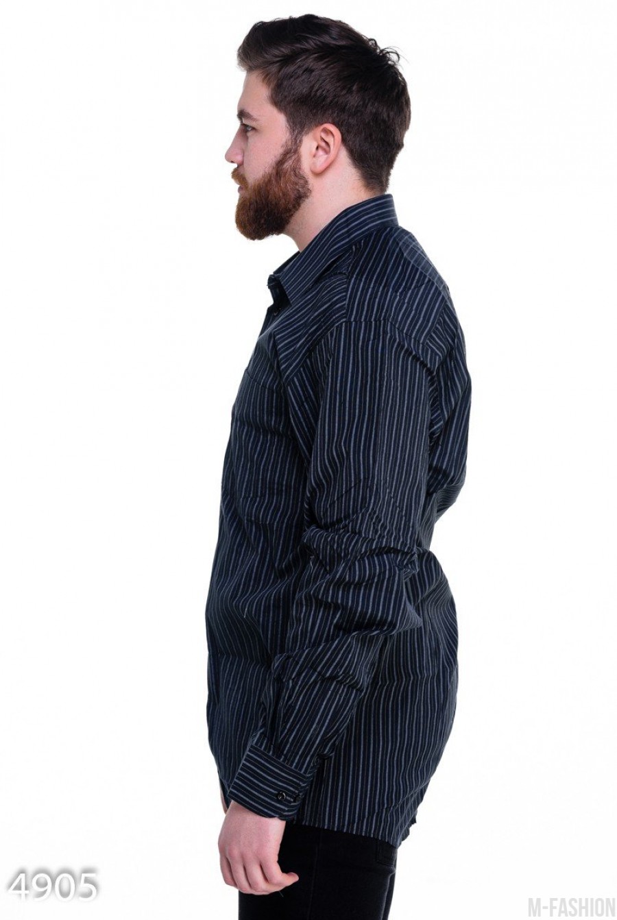 Черная мужская рубашка в тонкую вертикальную полоску- Фото 2