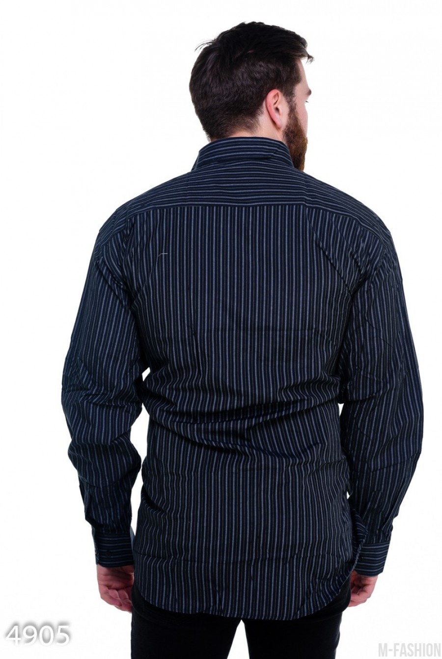 Черная мужская рубашка в тонкую вертикальную полоску- Фото 3