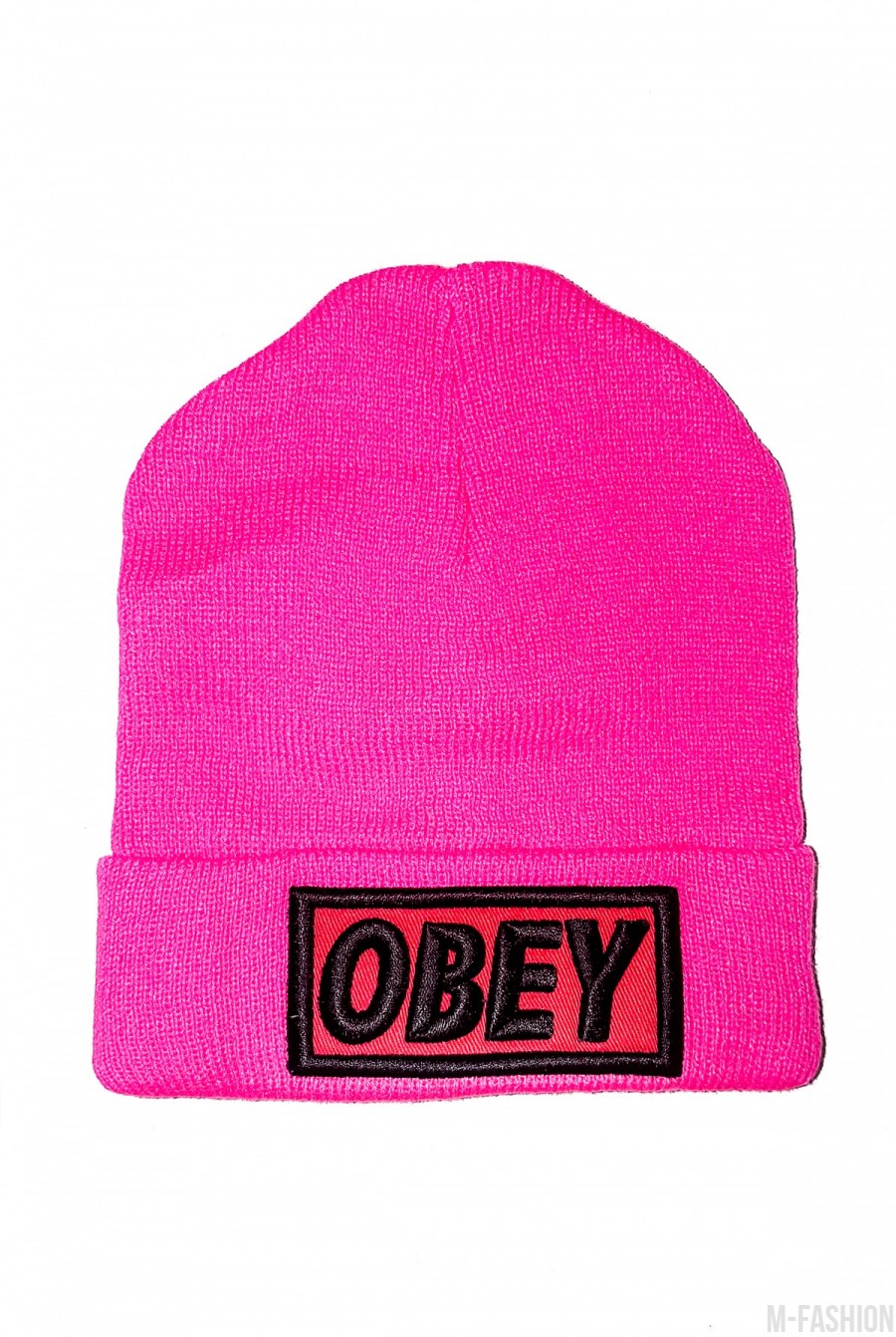 Розовая шапочка с широким отворотом и нашивкой OBEY - Фото 1