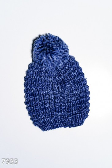 Синяя меланжевая шерстяная вязаная шапка с помпоном