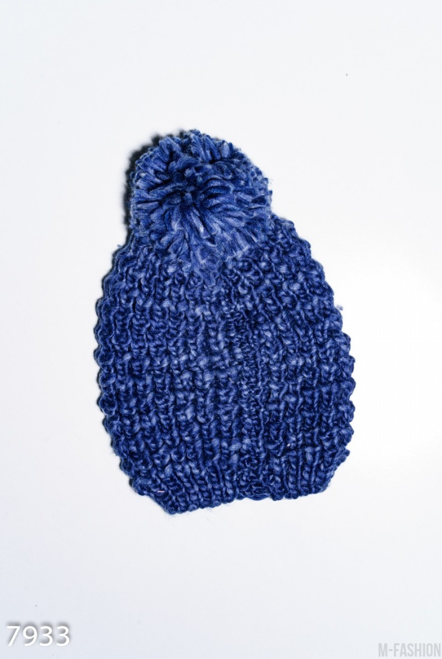 Синяя меланжевая шерстяная вязаная шапка с помпоном - Фото 1