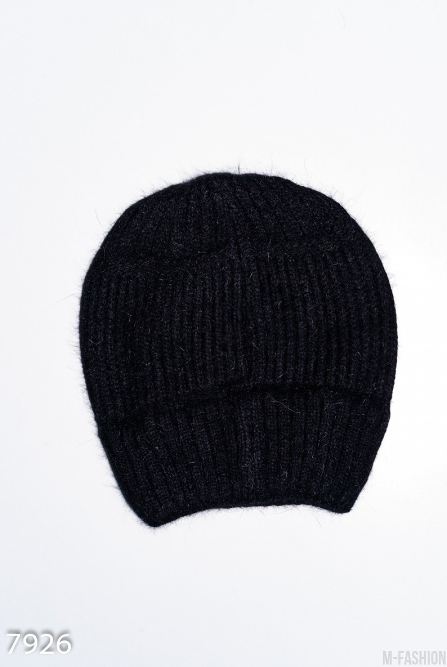 Черная шерстяная вязаная шапка на манжете- Фото 2