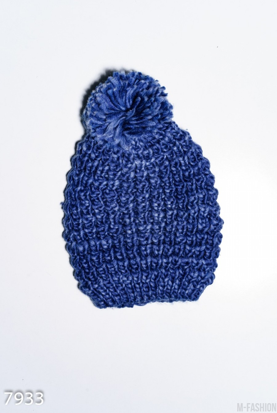 Синяя меланжевая шерстяная вязаная шапка с помпоном- Фото 2