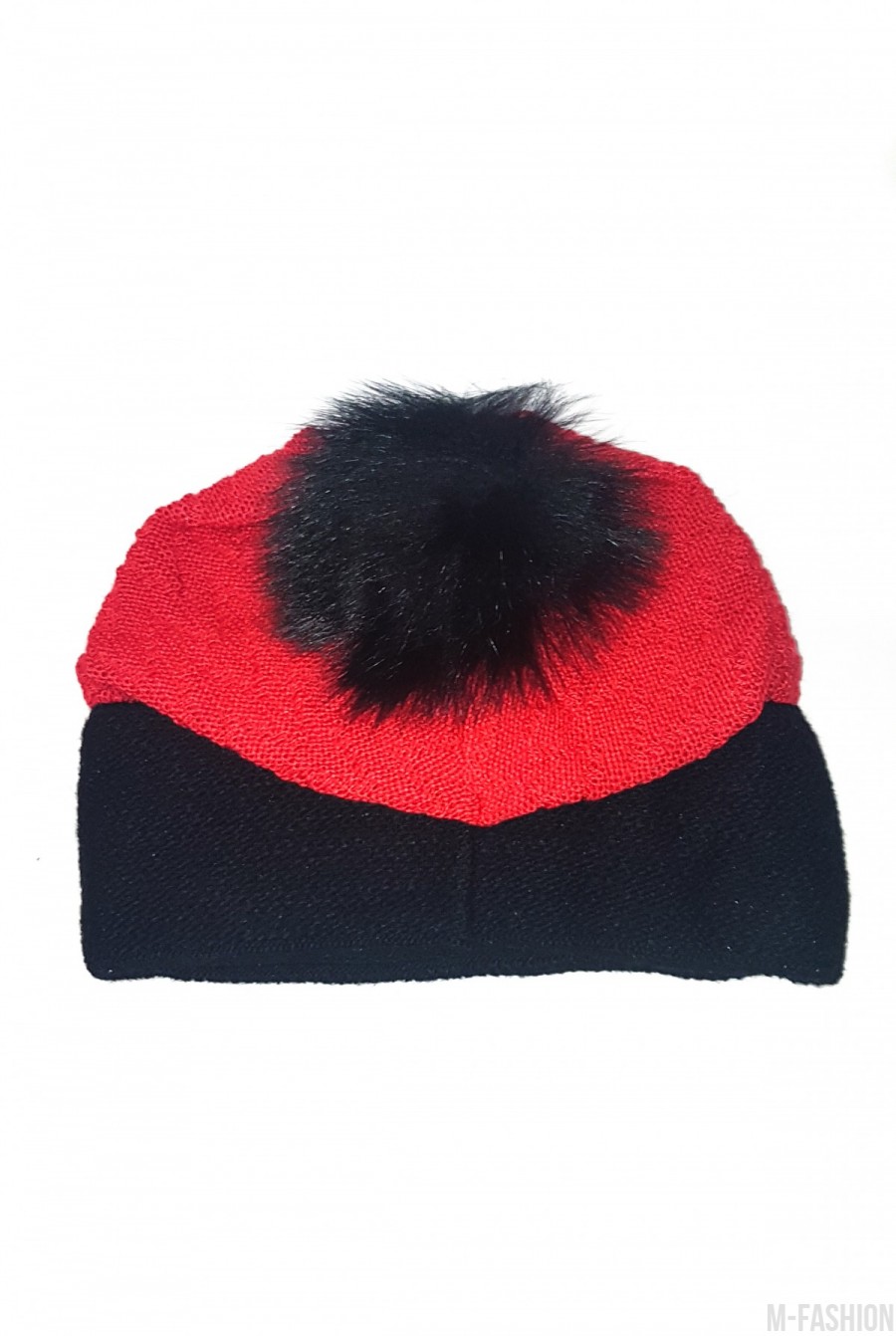 Красная шапка тонкой вязки с контрастным отворотом- Фото 2