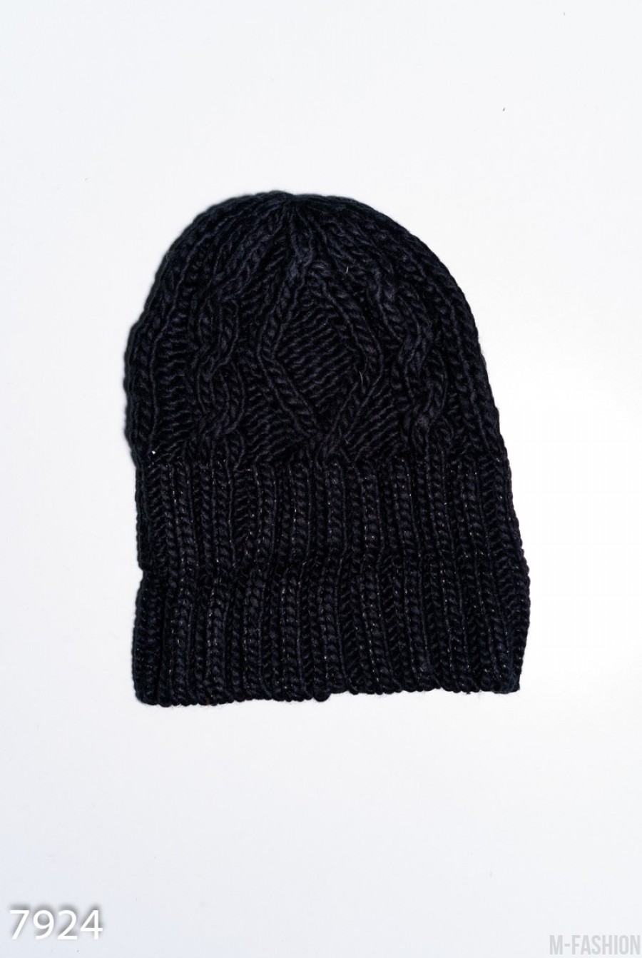 Черная шапка из шерсти с люрексом фактурной вязки- Фото 2