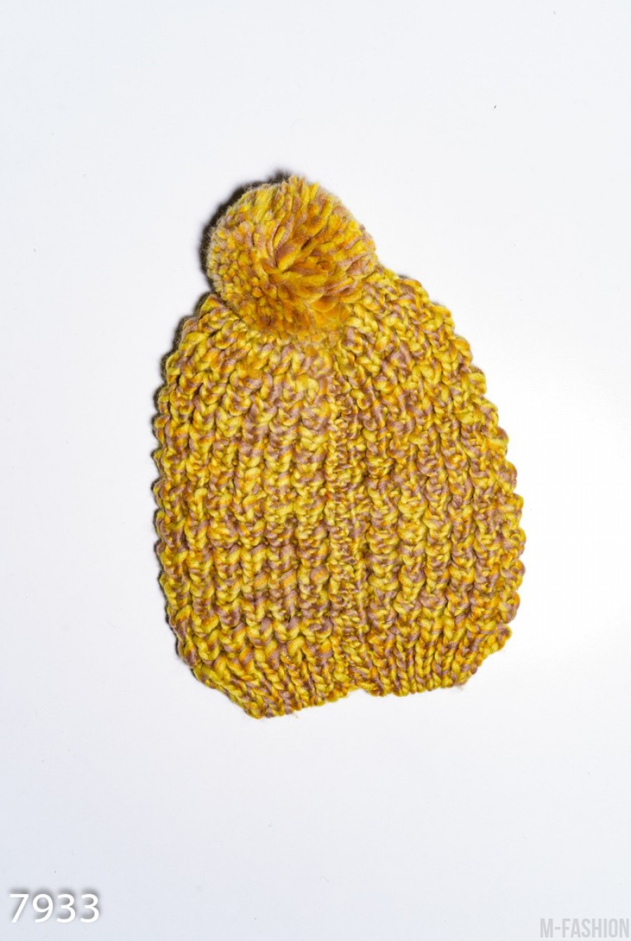 Желтая меланжевая шерстяная вязаная шапка с помпоном - Фото 1
