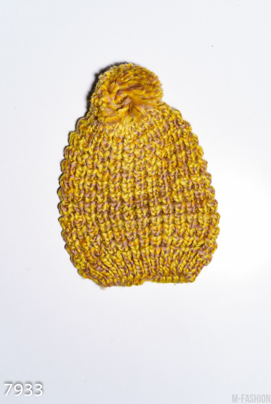 Желтая меланжевая шерстяная вязаная шапка с помпоном- Фото 2