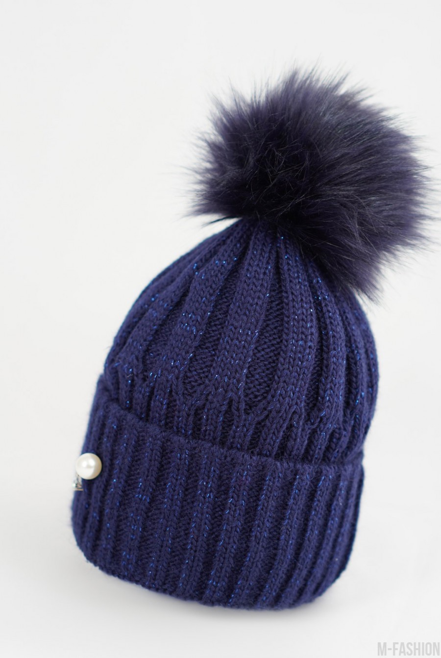 Темно-синяя шерстяная вязаная шапка с люрексом- Фото 2