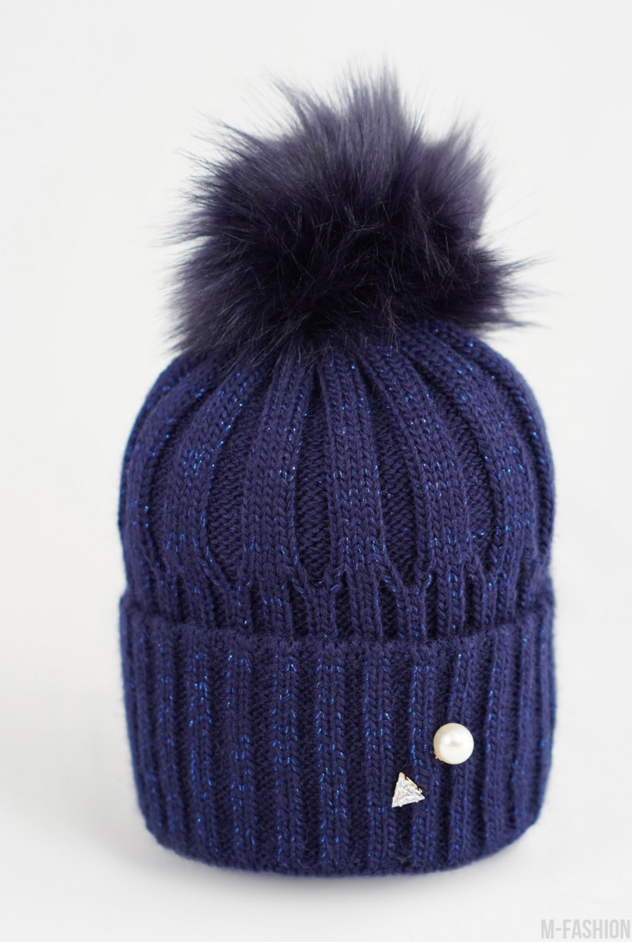 Темно-синяя шерстяная вязаная шапка с люрексом - Фото 1
