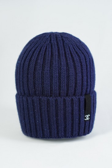 Темно-синяя теплая шерстяная шапка бини