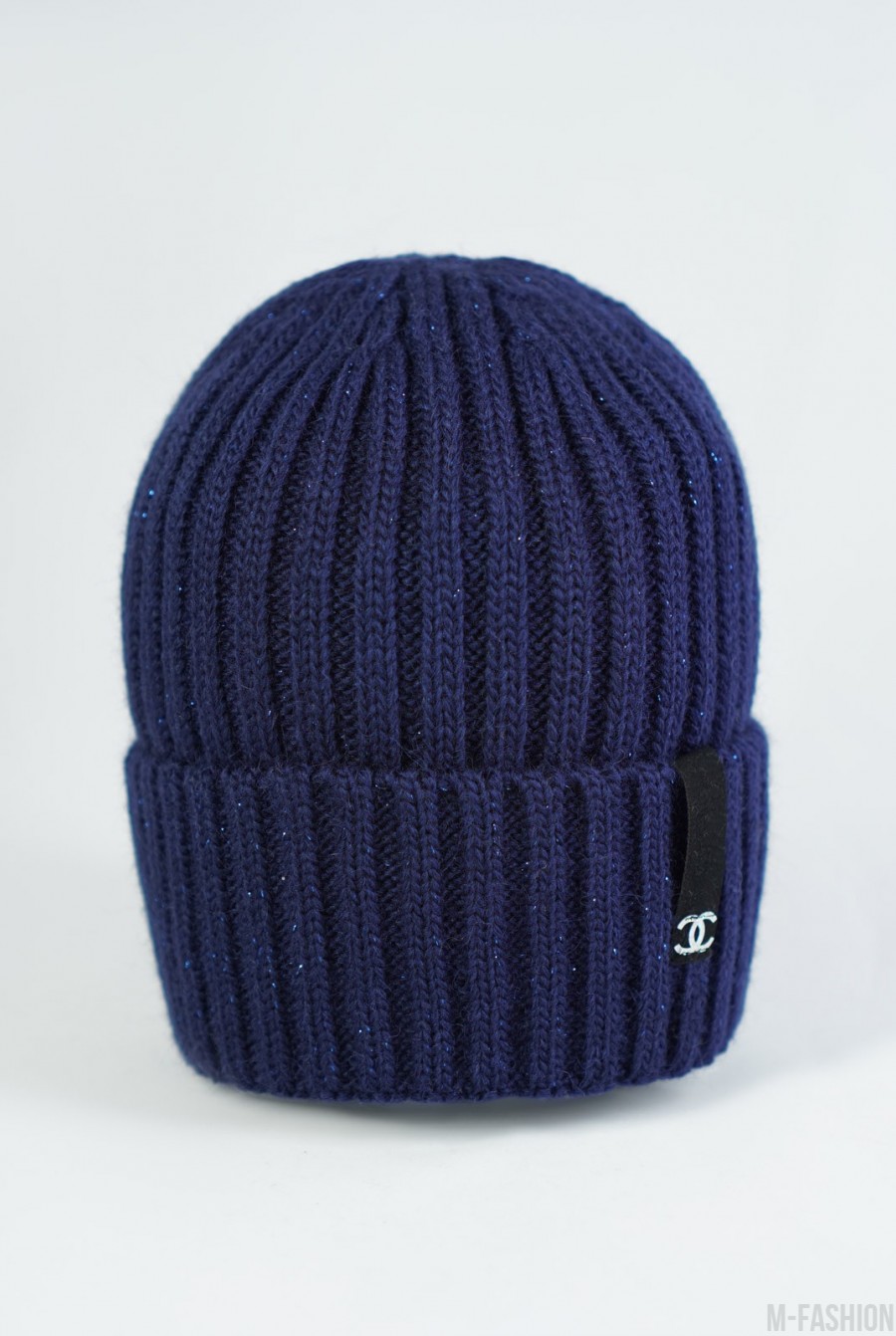 Темно-синяя теплая шерстяная шапка бини - Фото 1