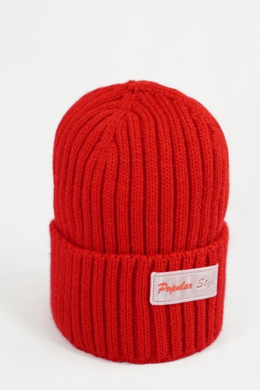 Красная шерстяная шапка бини с подворотом