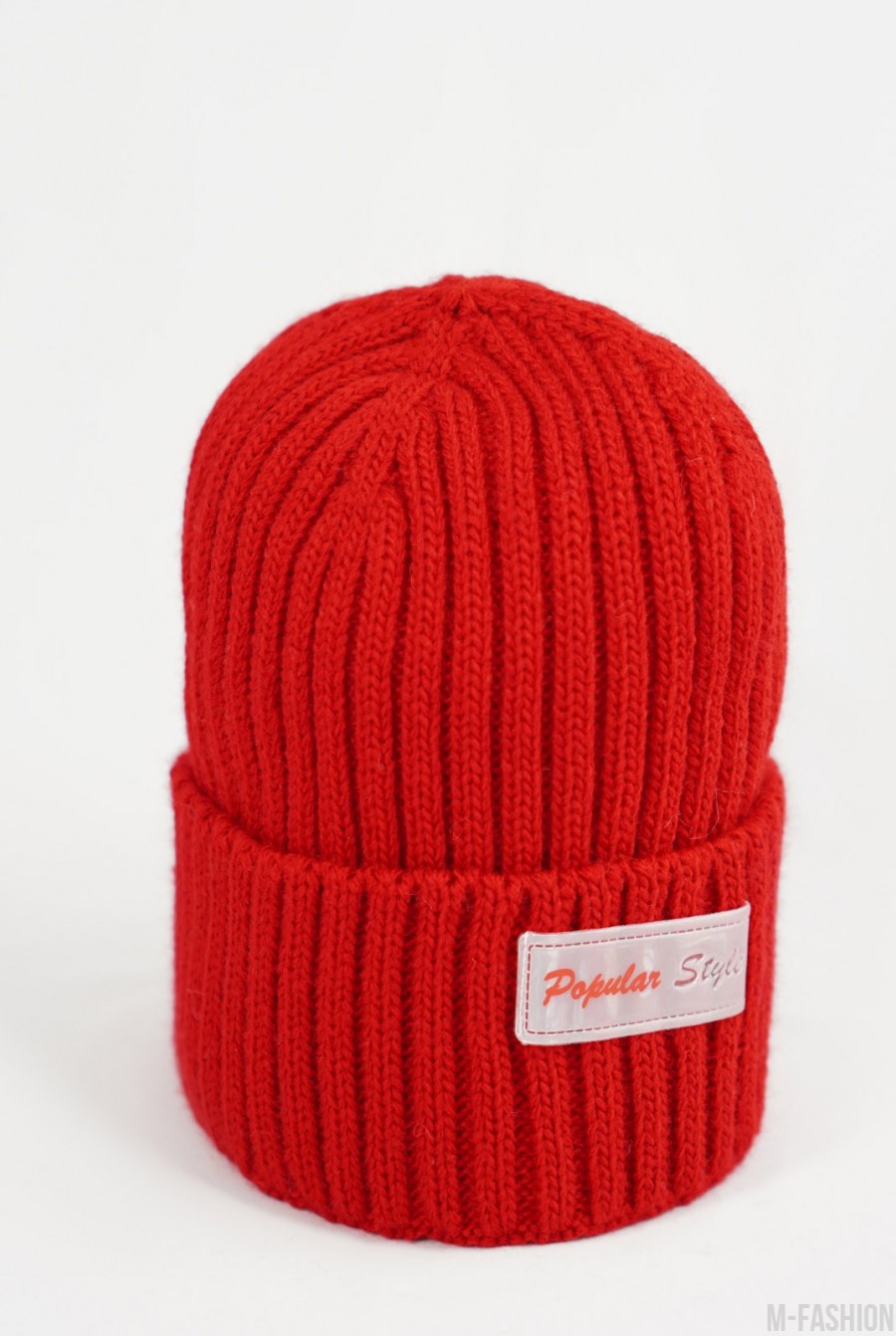 Красная шерстяная шапка бини с подворотом - Фото 1