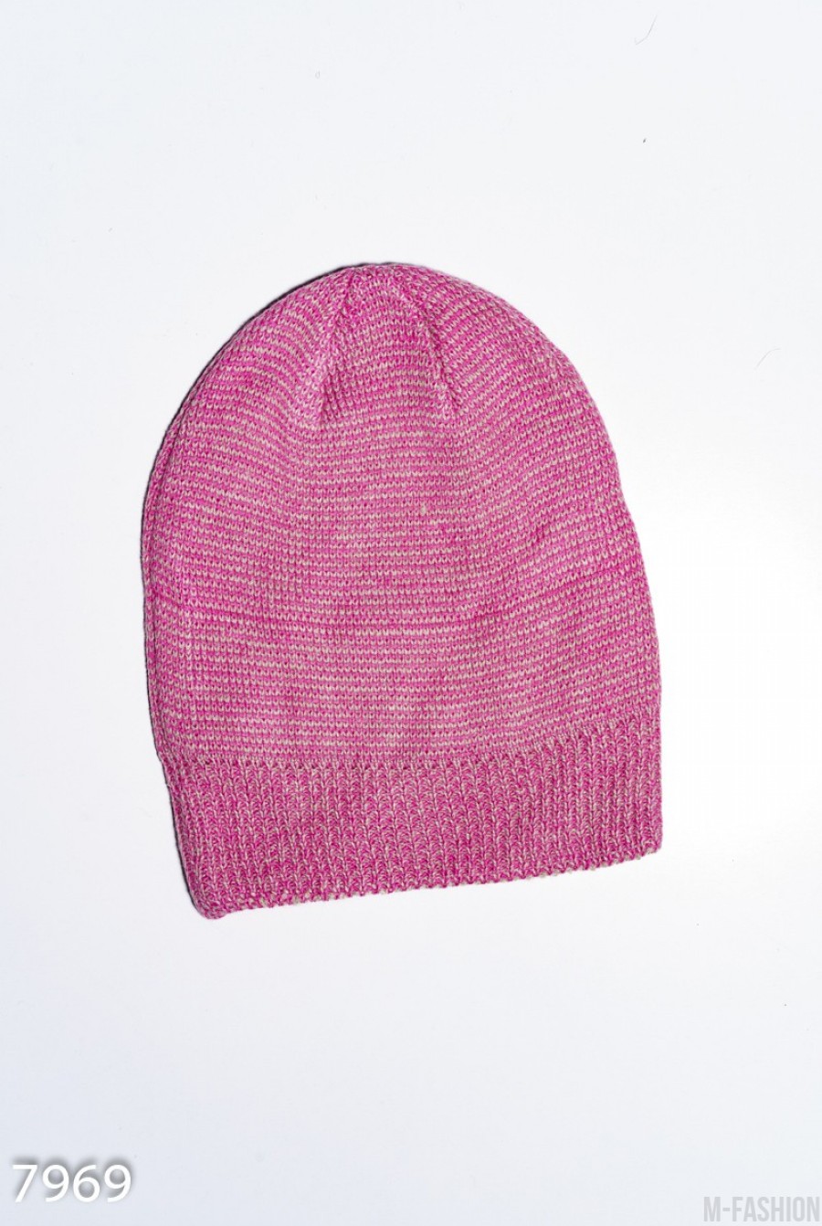 Розовая полосатая шапка с эластичной манжетой- Фото 2