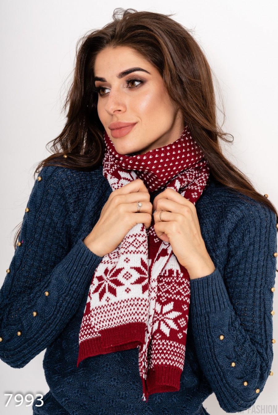 Бордовый с белым двухсторонний шарф с декоративным орнаментом - Фото 1