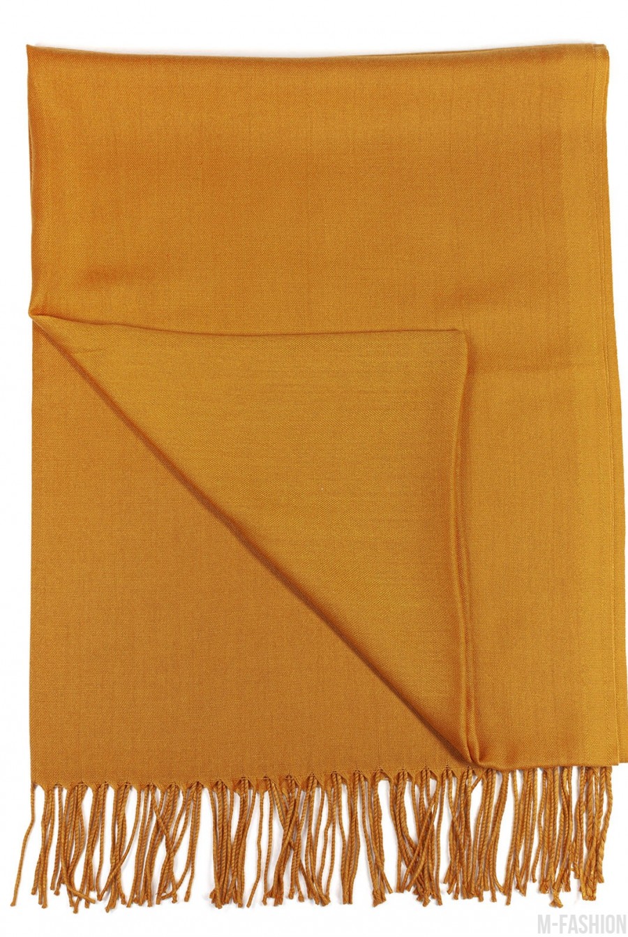 Горчичный однотонный шарф-палантин с бахромой- Фото 2