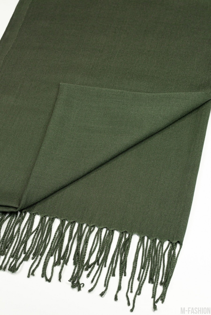 Однотонный шарф-палантин цвета хаки с бахромой- Фото 2