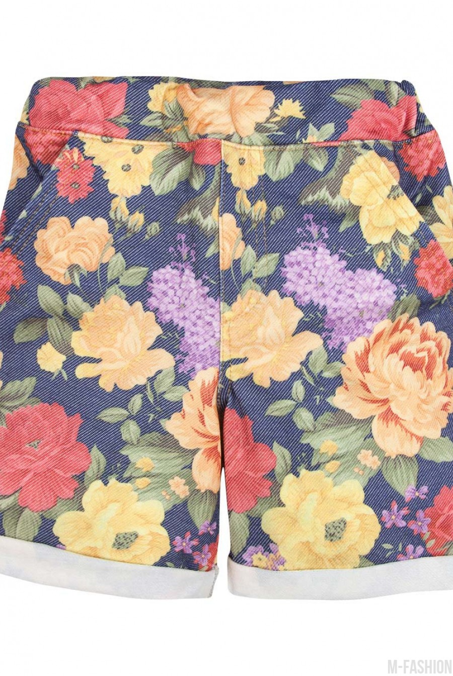 Джинсовые шорты с ярким цветочным принтом и с подворотами - Фото 1