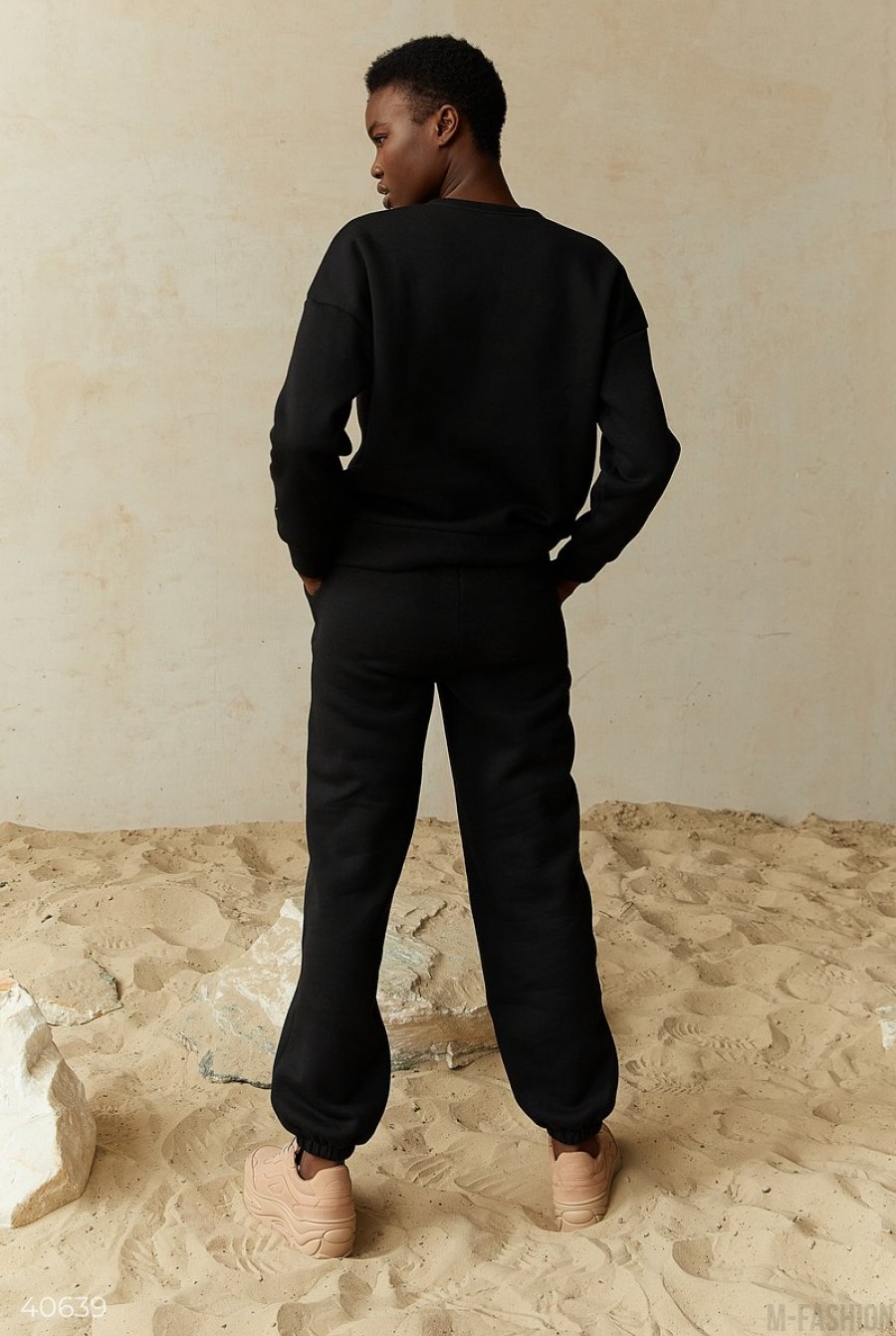 Черный костюм на флисе с брюками- Фото 4