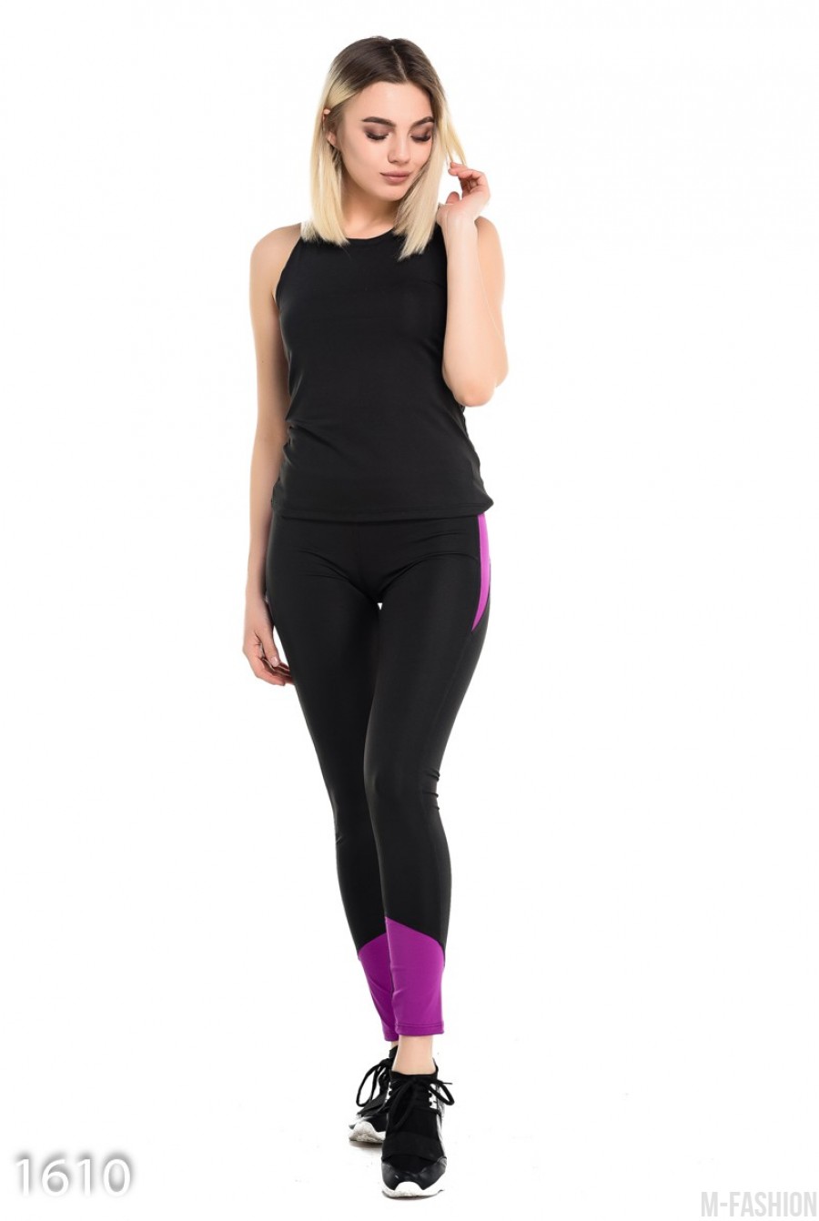 Черный с фиолетовым спортивный костюм из эластика с оригинальной маечкой - Фото 1