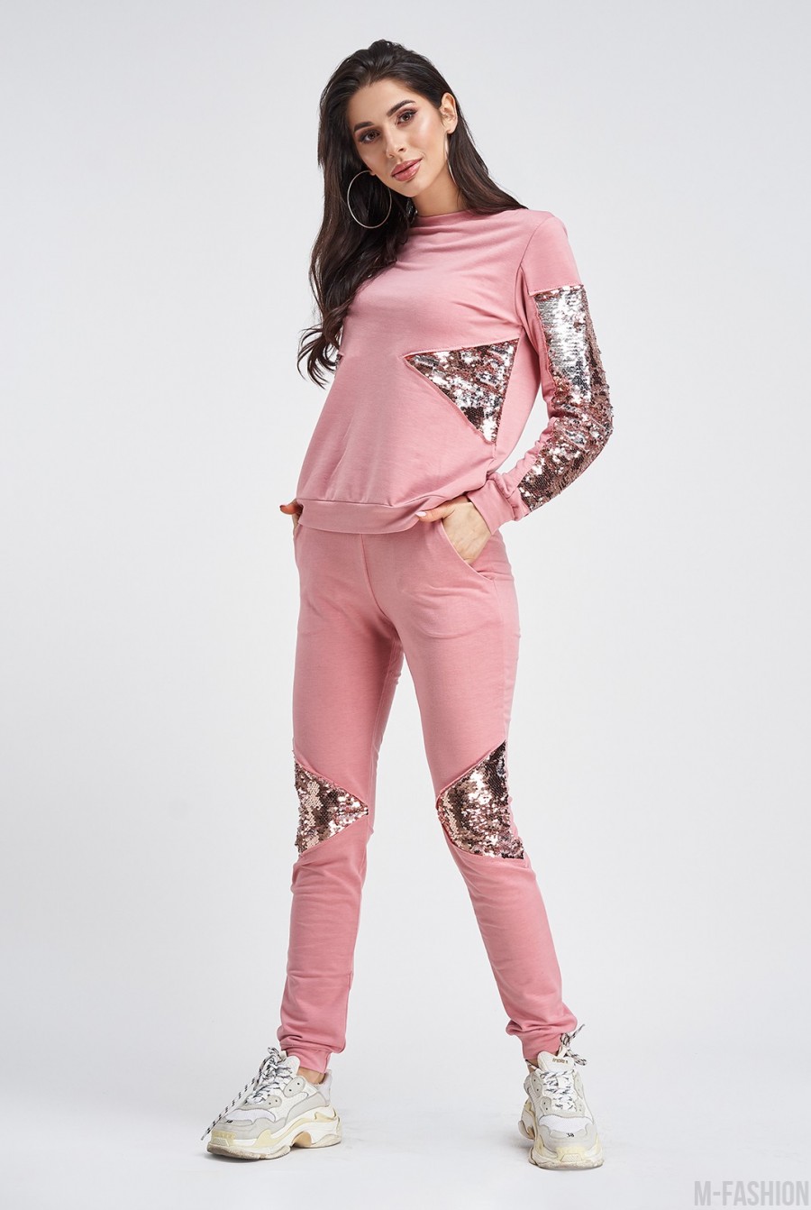 Розовый спортивный костюм с двусторонними пайетками- Фото 3