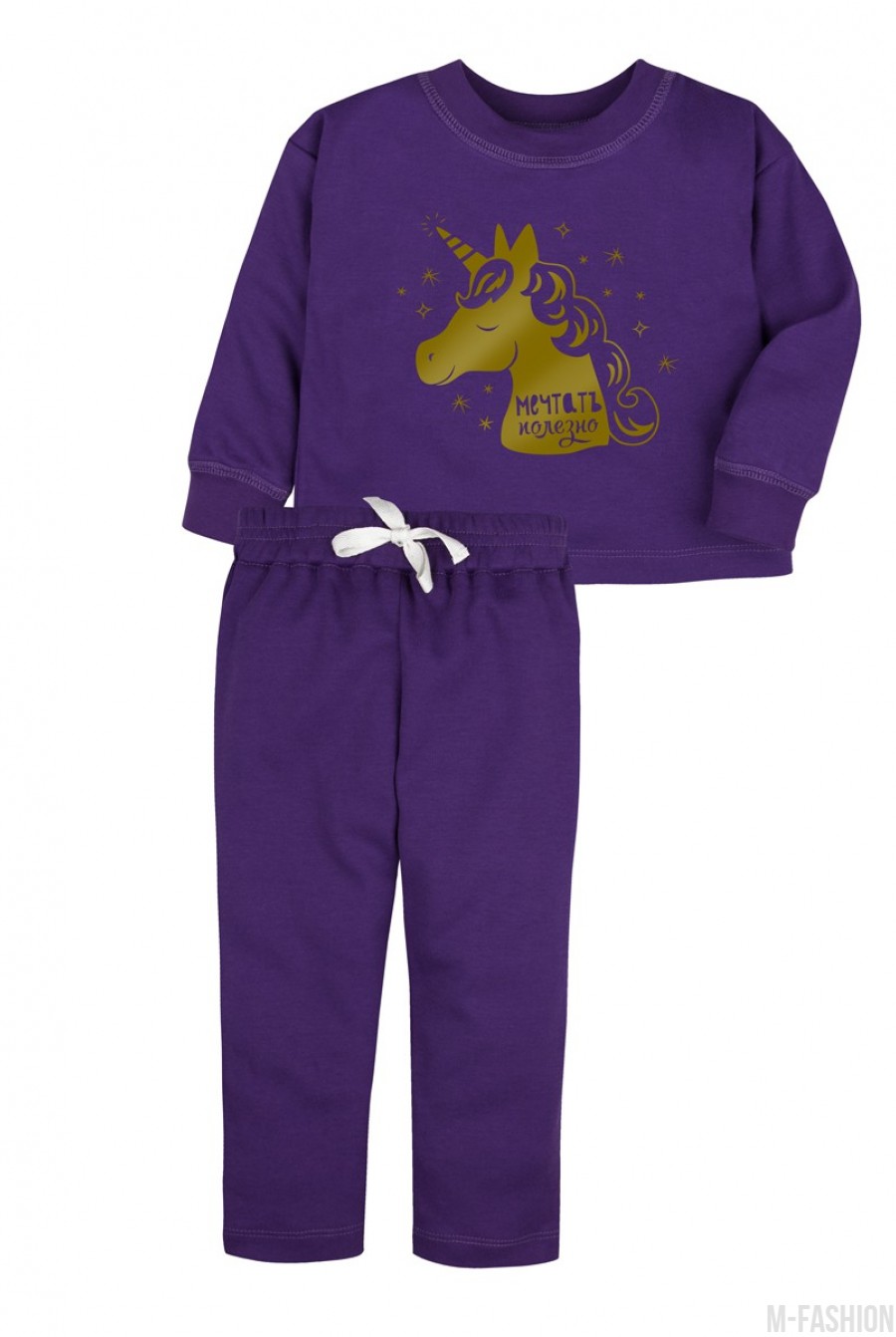 Фиолетовый котоновый спортивный костюм с принтом - Фото 1