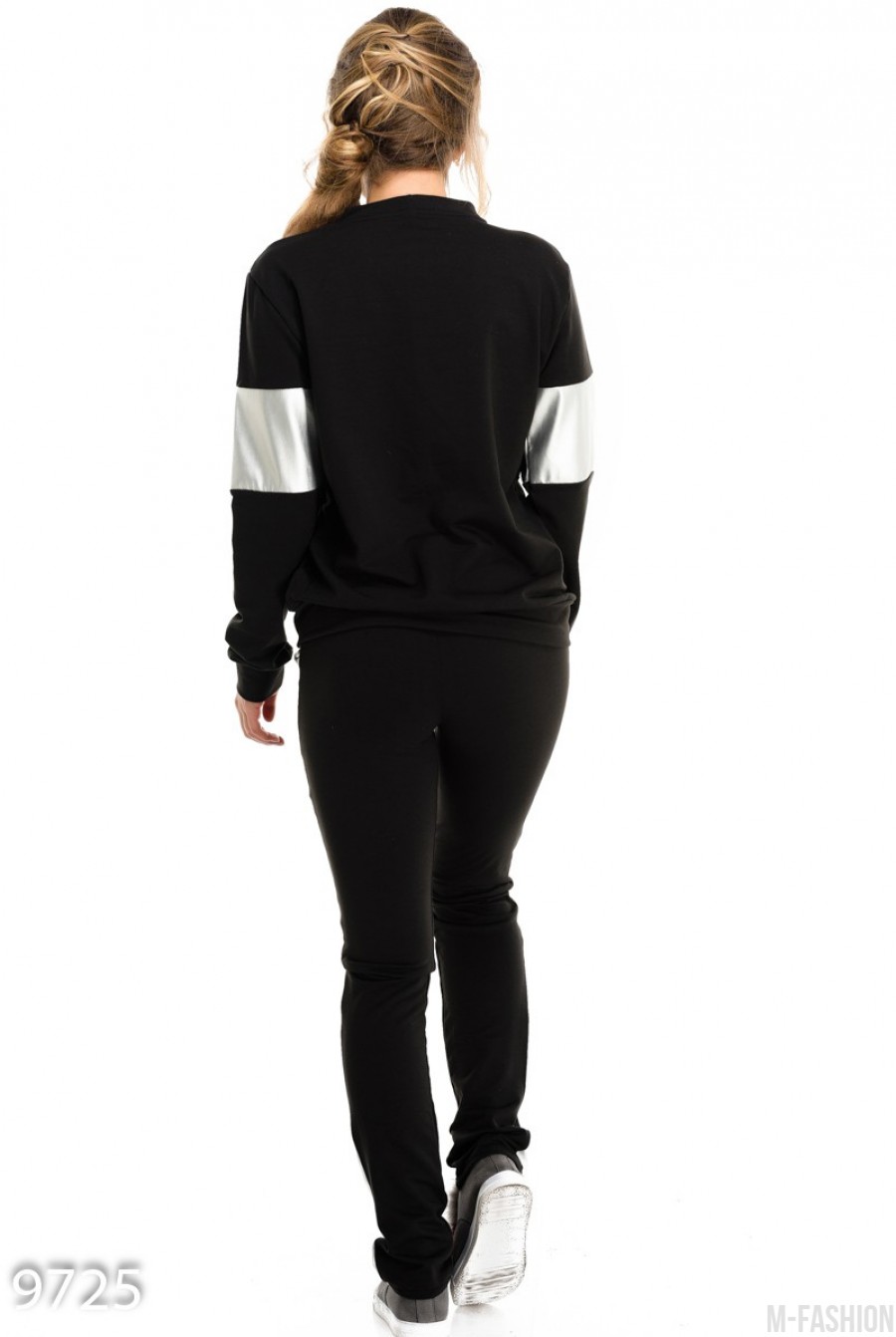 Черный спортивный костюм со вставками и лампасами из серебристой эко-кожи- Фото 3