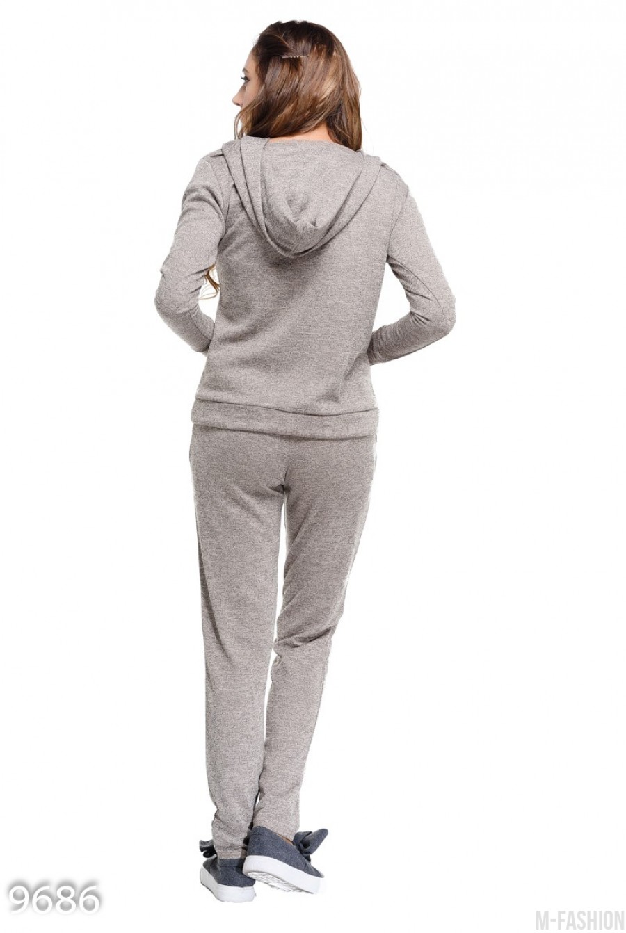 Бежевый шерстяной спортивный костюм с люрексом с кофтой-кенгуру и брюками- Фото 3