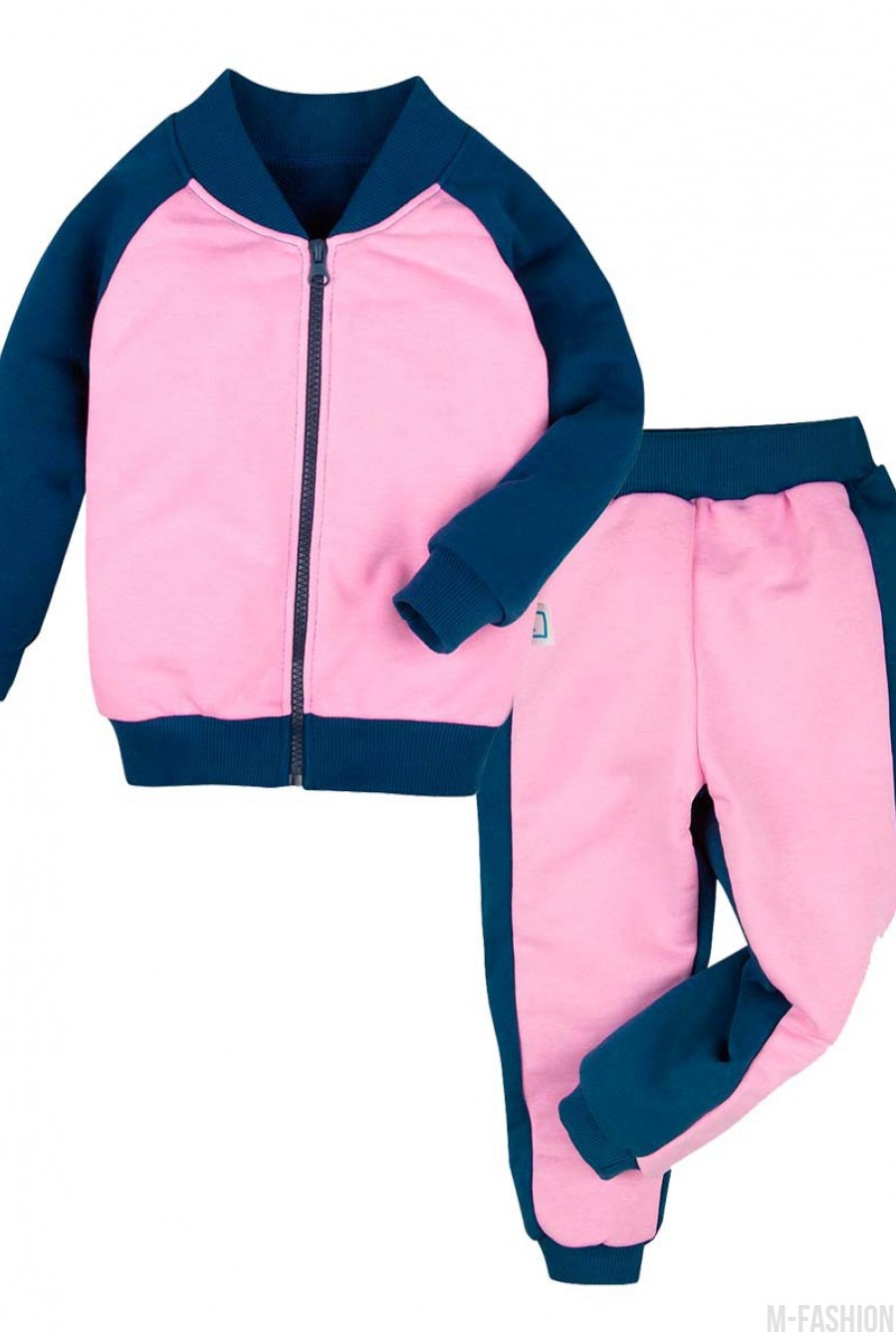 Сине-розовый утепленный спортивный костюм на молнии из футера - Фото 1