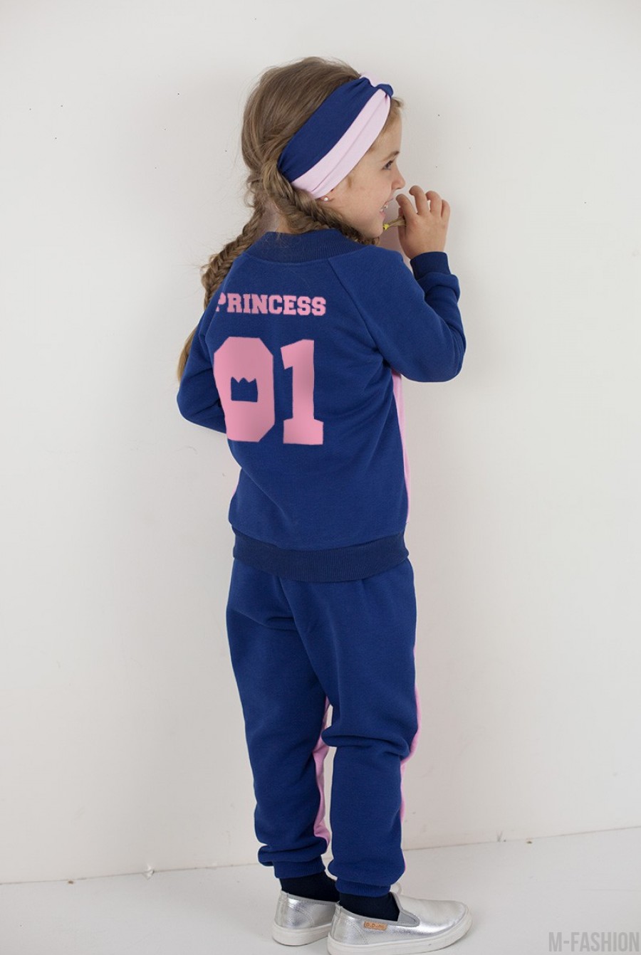 Сине-розовый утепленный спортивный костюм на молнии из футера- Фото 2