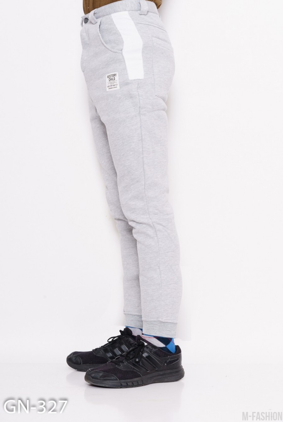 Серые меланжевые утепленные брюки из трикотажа на флисе- Фото 3