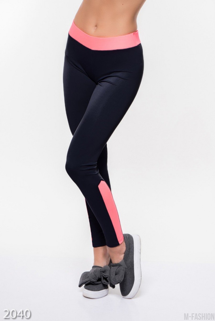 Черные с розовыми вставками узкие спортивные штаны из эластика- Фото 3