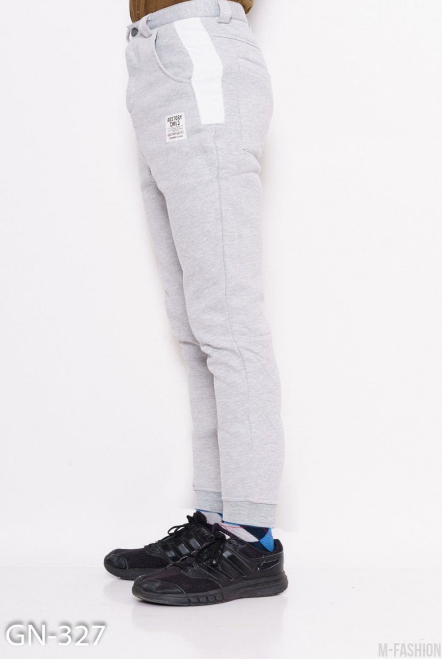 Серые меланжевые утепленные брюки из трикотажа на флисе- Фото 2