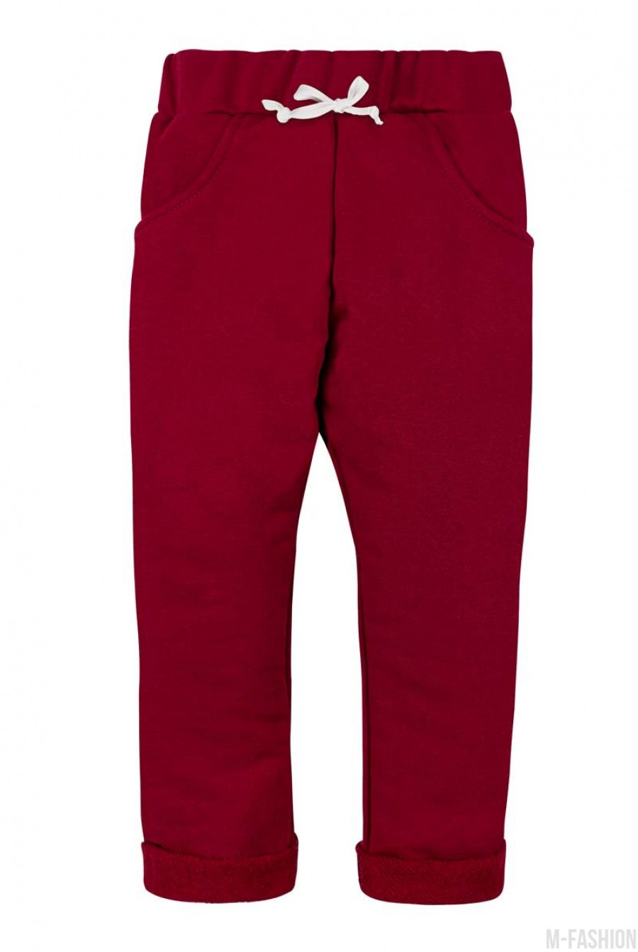 Красные штаны из футера на резинке, с карманами и подворотами - Фото 1